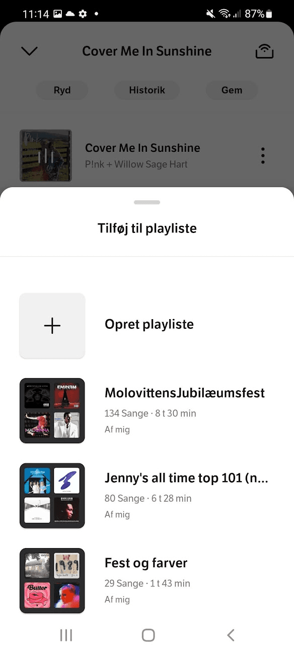 Billedet viser, hvordan du tilføjer musikken til en eksisterende eller ny playliste