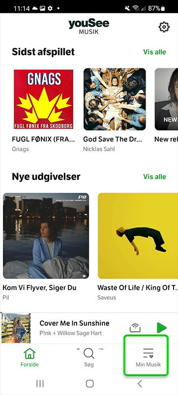 Billedet viser, at du skal trykke på Min Musik i nederste højre hjørne.