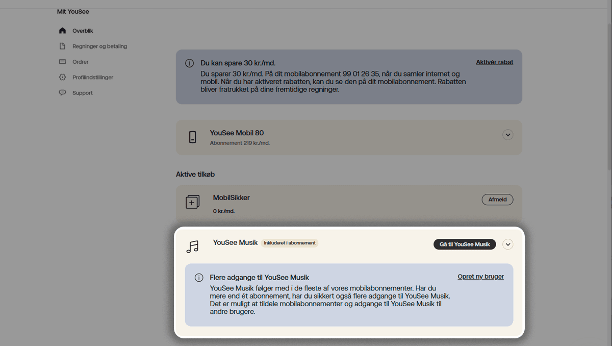 Under overeskriften Inkluderet i dit abonnement, kan du se, hvad dit abonnement består af
