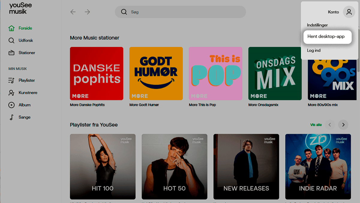 Billedet viser, at du skal klikke på Hent desktop-app